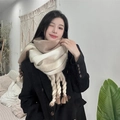 Thick mohair scarf in beige and brown gradient with braided fringe tassels for winter - Cloud Khaki