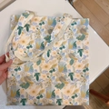 Floral print cotton canvas tote bag with yellow and blue flowers and shoulder straps - T-14 White Background Oil Painting Green Grey Flowers