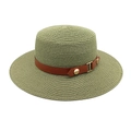 Detail view of woven straw hat featuring a flat top and stylish brown leather band - M (56-58cm) / Army Green