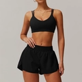 Women's black yoga set featuring V-neck sports bra and high-waist drawstring shorts - Premium Black (Bra + Loose Shorts)