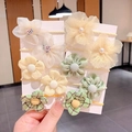 Set de gomas para el pelo de flores para niñas con malla y perlas en suaves colores pastel - B3-5# / Paquete de 10 / Amarillo