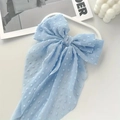 Light blue polka dot chiffon bow hair clip with long ribbons for women - Blue
