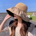 Summer wide brim sun hat in khaki and beige patchwork style with a bow detail - Khaki with Ribbon