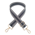 Detail of adjustable gray-blue canvas bag strap with white stripes and gold metal hooks - Dark Gray