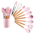 Pink 12-piece silicone kitchenware set with ergonomic wooden handles in storage bucket - Small Bucket Compact Style / Pink