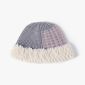 Cappello da pescatore in maglia color-block con motivo pied-de-poule rosa e finta pelliccia - Grigio chiaro