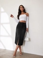 Detail of high-waist black denim skirt with front slit design and slim silhouette - S / Black