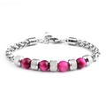 Detailed macro view of magenta tiger eye beads and textured stainless steel beads on bracelet - 8mm Bead Diameter / Rose Red Tiger Eye Adjustable