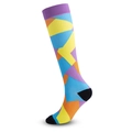 Tall compression socks with purple, blue, yellow, and orange geometric pattern - Fragments