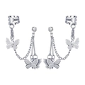 Silver butterfly tassel earrings with sparkling zircon stones and mesh wing details - Fairy Chain Butterfly Ear Bone Clip Stud Earrings
