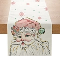 Christmas table runner with Santa Claus pattern and gold glitter details on beige fabric - 33cmx180cm / Pink Hat Santa