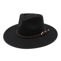 Detail of black wool fedora hat featuring a brown braided leather band and gold buckle - M(56-58cm) / Black