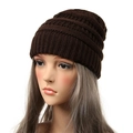 Dark brown knitted beanie hat for women featuring a cozy ribbed texture on head model - Coffee