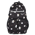 Cute black student backpack featuring white cartoon bear print and multiple pockets - Single Bag / Black