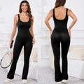 Seamless black halter neck backless yoga jumpsuit with flared leggings and ribbed texture - M (Height 160-170cm, Weight 55-65kg) / Top And Bottom / Flare Pants Style / Black