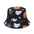 Hip-hop cotton bucket hat featuring Halloween pumpkin spider web and cat prints on black fabric - Black