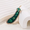Golden pea pod brooch with cat-eye stone peas and green enamel leaf accents - Green Cat Eye Pea Pod Style (SG0112)
