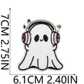 Detailed view of white ghost embroidery patch with size dimensions 7CM by 6.1CM - Music Headphones Ghost (7)