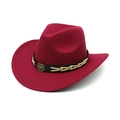 Dettaglio cappello cowboy bordeaux in lana con testa di toro vintage e fascia in pelle intrecciata - M (56-58cm) / Borgogna