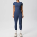 Détails de l'ensemble de yoga bleu foncé avec t-shirt ajusté et leggings taille haute - S / Haut Et Bas / Bleu Marine