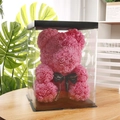Handmade pink PE foam rose bear in 25cm size with a transparent gift box and black ribbon - Flower Bear+40CM Gift Box+Light / Cyan Pink