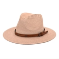 Detail of light pink straw fedora hat featuring a brown leather belt and metal buckle - M (56-58cm) / Light Pink