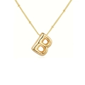 Macro view of gold 3D bubble letter B pendant with beaded chain necklace detail - Letter B Necklace / Gold