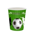 Detail of disposable paper cup with soccer ball design and Goal text for football parties - Soccer Paper Cups / 16 Pieces Pack