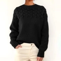 Close-up of black cable knit sweater showing detailed braided patterns and texture - 3XL / Black Round Neck
