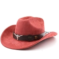 Close-up of red felt cowboy hat with brown leather band and silver bull head metal detail - M (56-58cm) / Brick Red