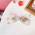 Beige mesh embroidery bow hair clip with pink and green floral patterns and lace edges - Small Single Layer Lace Bow
