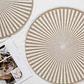 Round natural jute placemat with white radial stripes and fringe in a boho dining setup - 38cm / White Radiation