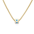 Detailed macro view of gold evil eye cube pendant necklace with blue enamel motifs - White