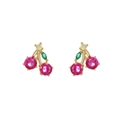 925 silver post cherry stud earrings with rose red cubic zirconia and green leaf stones - Red Cherry