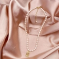 Elegant natural freshwater pearl necklace with a golden abacus pendant on champagne silk - Lucky Cloud Abacus Necklace