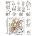 Size chart for 16pcs white and gold Christmas ball ornaments with mixed shapes - Champagne