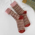 Calcetines de algodón retro con trenzado de colores en rayas marrón rojizo y beige - Talla única / Rosa