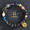 Libra beaded planet bracelet with natural stones, stars, and engraved zodiac metal pendant - Libra-Lava Stone