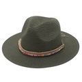 Close-up of deep green straw hat featuring bohemian colorful beads and rhinestone detail - One Size / Army Green