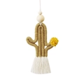 Handmade bohemian cactus keychain in mustard yellow with white tassels and wood beads - Turmeric