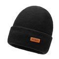 Bonnet en tricot noir d'hiver pour hommes et femmes avec étiquette en cuir marron NY&JA - Noir