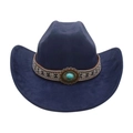 Marineblauwe western cowboyvilten hoed met etnische borduurband en turkooissteen - Eén maat / Ovalen Blauwe Steendecoratie / Marineblauw