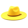 Detail of yellow wool felt fedora featuring a slim brown leather band and metal rivets - M(56-58cm) / Yellow