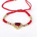 Braided red rope heart bracelet with gold beads and sparkling zircon stone - Red
