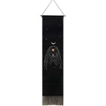 Black tapestry with white lines showing a praying girl under a golden sun and moon with tassels - Meditation Girl - Black