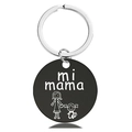 Detail of round black metal keychain with engraved mi mama text and mother daughter icon - Black Keychain (Y00035)