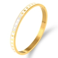 Gold plated stainless steel bangle featuring white enamel with polka dots and side hinge - Gold with White Enamel and Gold Dots