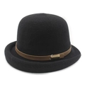 Classic black knitted bowler hat with a brown decorative band and metal buckle - M (56-58cm) / Black