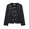 Veste chic en tweed à sequins noirs avec col rond et boutons décoratifs pour femmes - XS