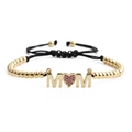 Bracciale MOM con perline dorate, zircone rosa a forma di cuore e cordino nero regolabile - Perle d'oro Corda Nera MOM